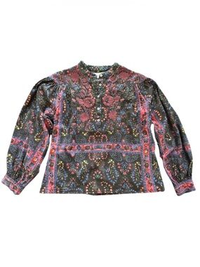 Antik Batik Black & Multicolor Blouse - Floral, Puff Sleeve & Button Down / WS